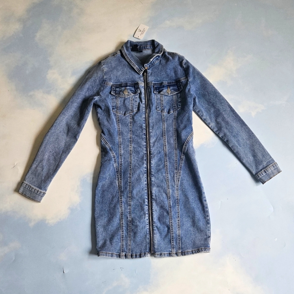 Denim Dress Collared Denim Bodycon Mini Dress Zipper Dress Long Sleeve Dress